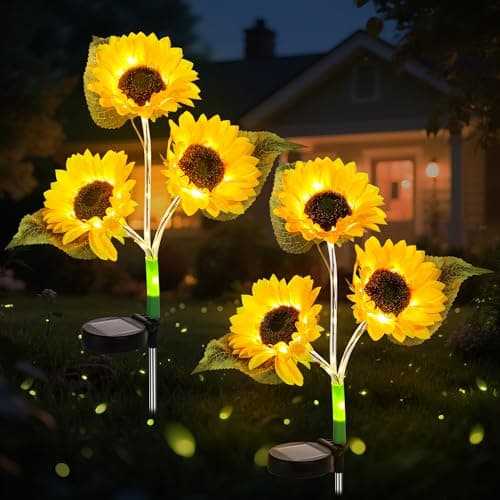 Image of 2-Pack Flower Solar Lights Outdoor Garden, IP65 Waterproof Sunflower Solar Lights, 60-LED Flower Light Gardens Accessories, Solar Powered Garden Light Ornaments for Pathway Graves Balcony Decoration