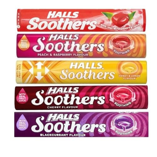 Image of MM Halls Soothers Variety Pack 5x45g – Cherry, Strawberry, Peach & Raspberry, Blackcurrant, Honey & Lemon – Soothing Cough Sweets with Menthol for Sore Throats & Dry Mouth Relief