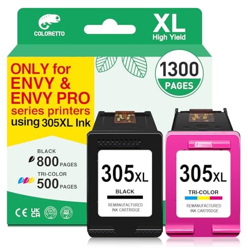Image of COLORETTO 305 Ink Cartridges compatible with HP Envy 6020e 6032e 6022e 6000e Envy Pro 6420e 6430e 6430e for HP 305 XL Printer Ink Replacement for 305XL Black, tri-colour ink 2 pack