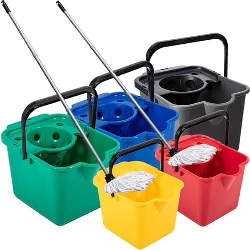 Image of Mop & Bucket Set In Red, Blue, Green, Yellow or Metallic For Cleaning Floors & Tiled Surfaces 12L Bucket Capacity With Pouring Lip & Cotton Mop (Green - Mop & Bucket, 1 Set)