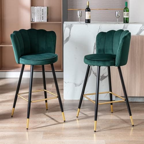 Image of Ya-Home Velvet Bar Stools Breakfast Counter Stools with Metal Legs, Set of 2 Bar Chairs Kitchen Counter Chairs for Kitchen Island, Green