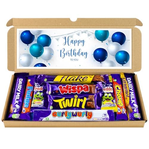 Image of Happy Birthday Chocolate Gift Hamper, Letterbox Chocolate Selection Box of 10 Fullsize Cadbury Dairy Milk Chocolate bars, ideal 13th 16th 18th 21st Birthday Gifts For him (Blue)