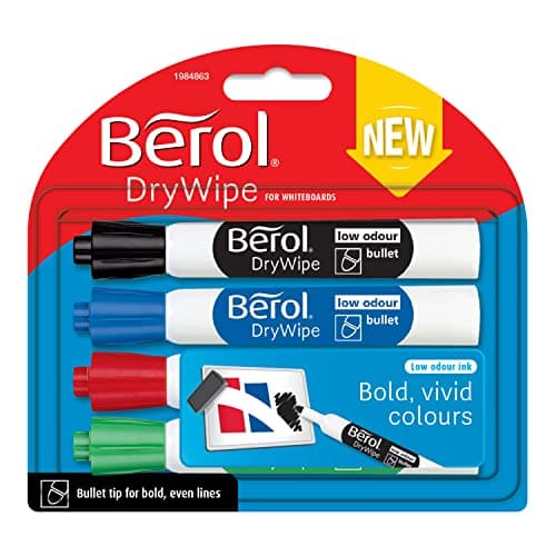 Image of Berol Dry Wipe Whiteboard Marker Pens | Bullet Tip | Black, Blue, Red & Green | 4 Count