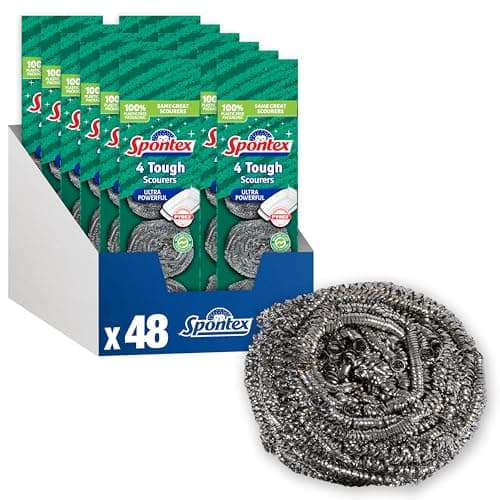 Image of Spontex Tough Kitchen Scourers | Wire Wool Pan Scourers | 90% Recycled Rust-Free Stainless Steel | Cleans Ovens, BBQs, Glass Dishes & Jugs | 48 Count