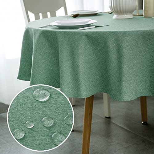 Image of WELTRXE Round Table Cloth,120cm Diameter,Faux Linen Tablecloth,Water Resistant Spill Proof Wipeable Polyester Dining Table Cover for Cafe Restaurant Buffet Tabletop Decoration,Dark Green