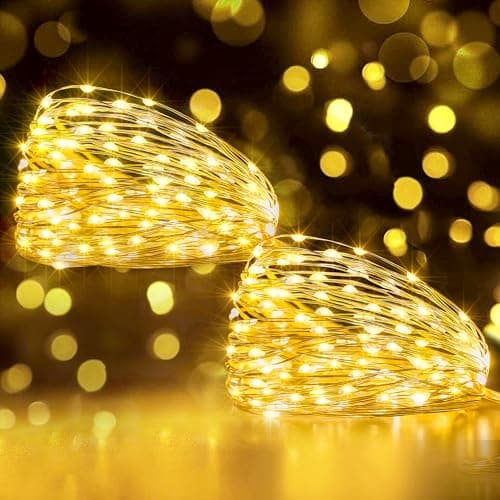 Image of Ollny 2 Packs 5m 50 LED Fairy Lights Battery Operated, Waterproof Copper Wire String Lights for Indoor Outdoor Lighting, Christmas Tree Bedroom Outside Party Bottle Wedding Decorations(Warm White)
