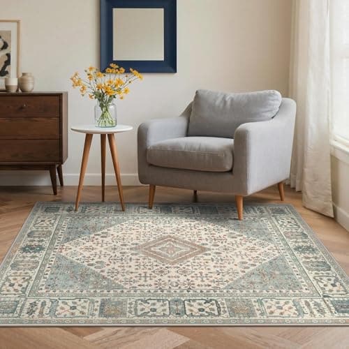 Image of GENIMO Washable Rug 120x170cm - Boho Green Living Room Carpet No Pile | Ethnic Oriental Pattern | Durable Easy Clean | for Bedroom, Balcony, Conservatory, Hallway
