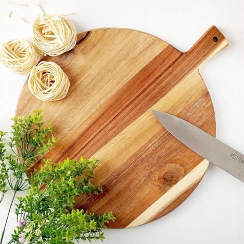 Image of GEEZY Round Acacia Wooden Chopping Board with Handle Kitchen Large Cutting Board Vegetables Meat Chicken Fruits Pizza Cheese Serving Platter