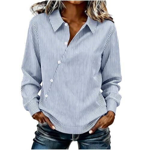 Image of Blue Linen Tops for Women UK Striped Long Sleeve Top Novelty Button Up Shirts Ladies Peter Pan Collar Blouses Casual Cute Office Shirts Cotton Linen Tees Beach Going Out Holiday XL