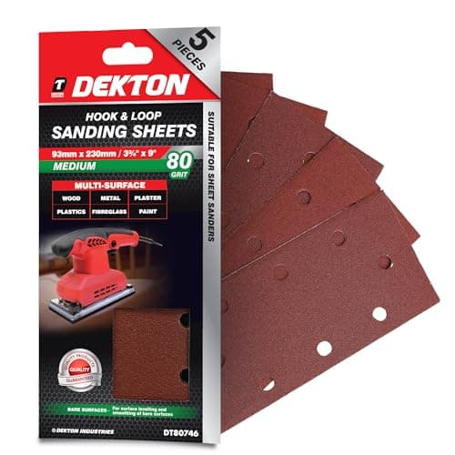 Image of Dekton 5PC Hook and Loop Sanding Sheets 230mm/Extra Coarse - 80 Grit | Ideal for Sheet Sanders | Multi-Surface Use on Wood, Metal, Plaster, Plastics & Paint | Heavy-Duty Sanding Performance