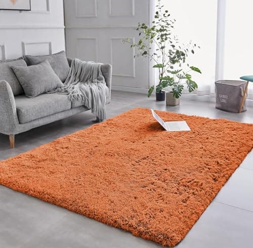 Image of AMEHA Rust Shaggy Rug 80x150 cm Fluffy Soft Non Slip Living Room Bedroom Terracotta Carpet Non-Shedding