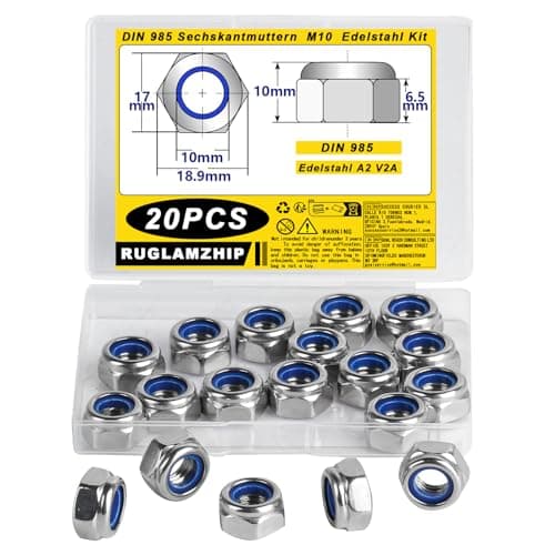 Image of M10 Stainless Steel Hex Nylock Nuts - A2 V2A Self-locking Hexagon Fasteners for Bolts and Screws - DIN 985 Locknut (20 Pieces)