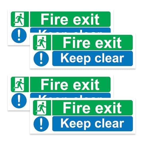 Image of RDLCAR Fire Exit Keep Clear Sign Pack of 4 Self Adhesive Fire Exit Signs 300mm x 150mm Fire Exit Stickers for Indoor and Outdoor Use