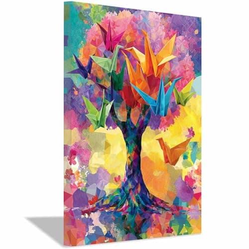 Image of XENIOU Tree Wall Art Colorful Origami Tree canvas painting wall art, Living Room Bedroom Hallway Stairs Decoration.(Multicolor)-20x30cm Framed
