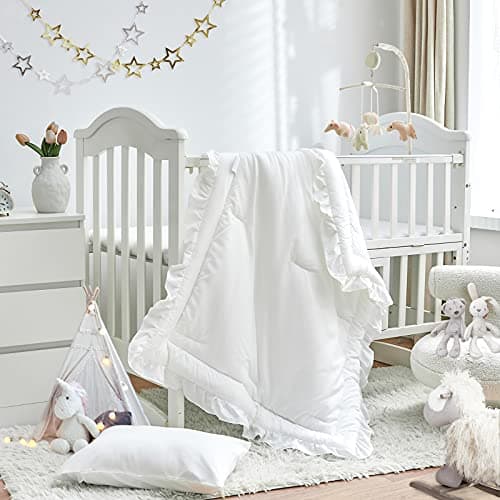 Image of 3 Pieces Crib Bedding Set Baby Ruffle Quilted Comforter with Fitted Sheet and Pillowcase - Cute Ruffled Shabby Chic Bedding Soft Blanket Design White