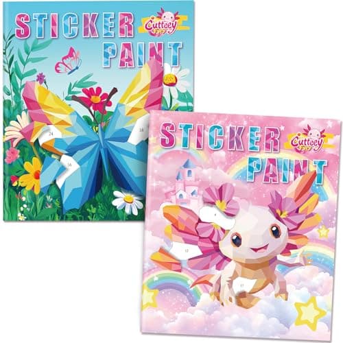 Image of CutteeyFyry 2Pcs Axolotl Sticker Book for Kids Ages 4-8,Sticker Books By Number,Boy/Girls Stickers Books for Improve Intelligence,Paint By Sticker Kids,Airplane Activities for Gifts