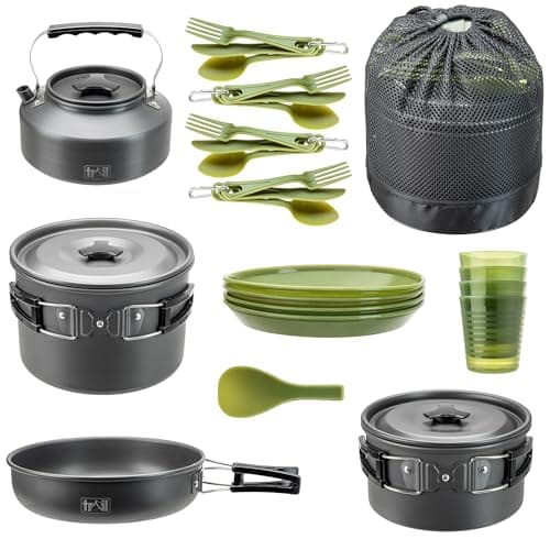 Image of Trail Camping Cookware Set, 4 Person Camp Cooking Kit, Non Stick Hard Anodised Aluminium, 2 Lidded Cook Pots, Frying Pan, Kettle, Spatula, 4 Cups, Plates & Cutlery Sets, Lightweight Stackable with Bag