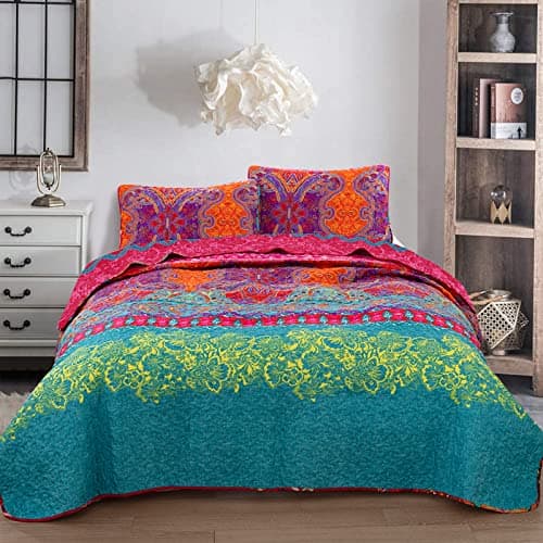 Image of WONGS BEDDING Reversible Flower Bohemian Bedspread with 2 Pillowcases Colorful Floral Boho Pattern Bedspread Coverlet for All Season Microfiber Quilt Double Size 220x240cm