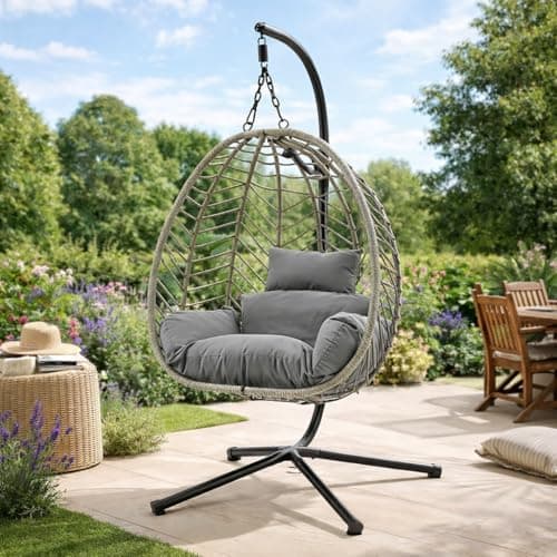 Image of Eco Living FWC Balinese Hanging Egg Chair with Stand - Grey Rattan Effect Garden Swing Chair with Cushions, Freestanding Indoor & Outdoor Patio Chair, Cocoon Relaxation Seat