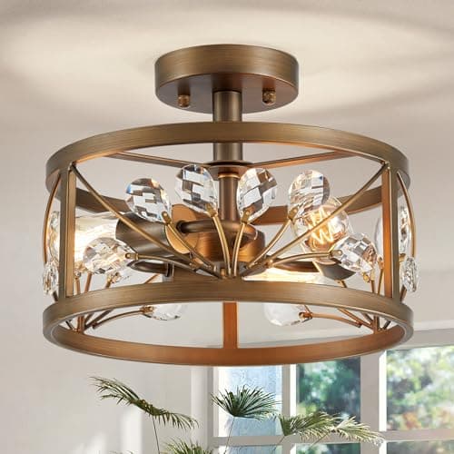 Image of WUZUPS Crystal Leaf Chandelier 3-Light Vintage Farmhouse Industrial Semi-Flush Mount Ceiling Light Modern Lighting Fixture Foyer Hallway Storage Room Kitchen Bathroom, H 22 W 30, Oil Rubbed Bronze