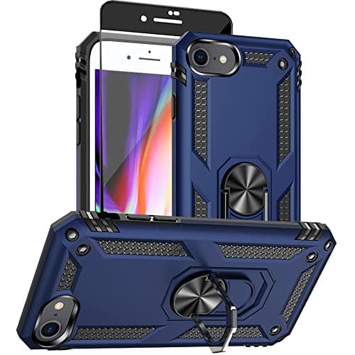 Image of Aozuoton iPhone SE 2022/2020, 8/7 Case With HD Screen Protector - Military Grade 16ft. Drop Tested Ring Shockproof Protective Phone Cover, Blue