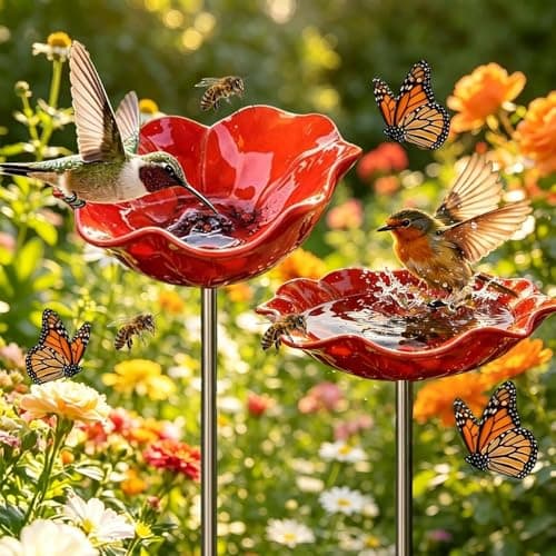 Image of Set of 2 Red Flower Bird Feeders for Garden, Handmade Metal Bird Bath Stake 60cm (23.6"), Vibrant Poppy Style Bird Water Station for Outdoors, Weatherproof Decorative Lawn Ornament