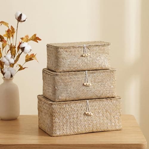 Image of YSGLIFE Rectangular Storage Basket with Lid Handmade Seagrass Rattan Woven Natural Box for Clothes Books and Shelves Multifunctional Makeup Organizer Set of 3 Shelf Basket(S/M/L)