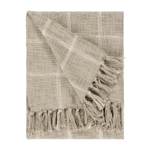Image of furn. Yard Beni Woven Cotton Tasselled Throw – Textured Check with Double Fringed Trim (Stone/Natural – 130cm x 180cm)