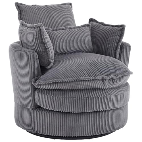 Image of Karl home Swivel Accent Chair, Round Barrel Cuddle Tub Armchair Small Single Sofa with 360° Rotating Metal Base & 3 Pillows for Living Room, Bedroom, Lounge, Reading Room, Grey