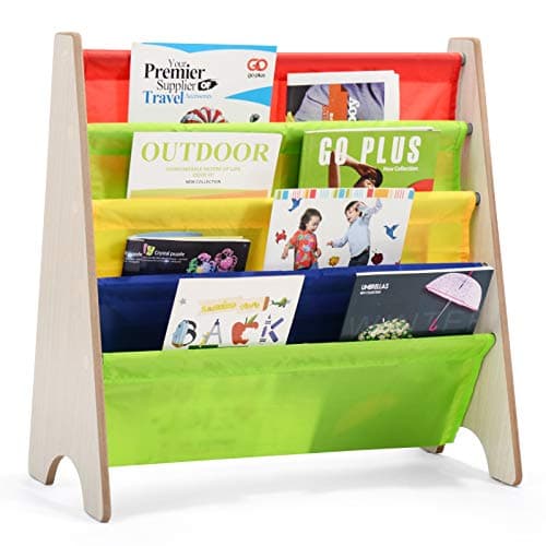 Image of COSTWAY Kids Book Storage Rack, 4 Tier Sling Bookshelf with Fabric Shelves, Easy Access Children Bookcase for Toddlers Bedroom Playroom (Natural)