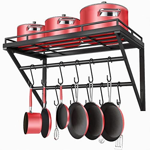 Image of OROPY Wall Mount Pot Pan Racks, Saucepan Hanging Rack, Kitchen Utensils Hanging Shelf with 2 Rails, 12 Hooks, 60cm