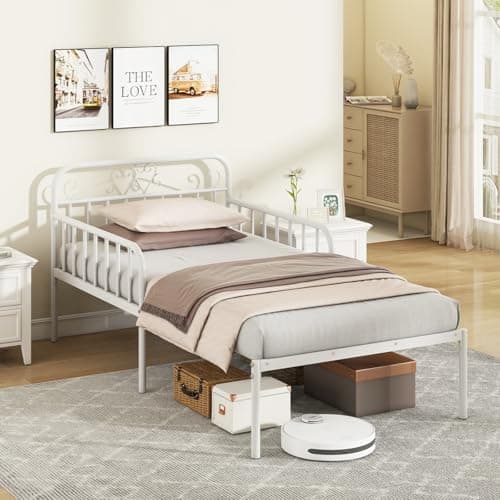 Image of COSTWAY Metal Bed Frame, 3FT Extendable Daybed to Single Bed with Trundle and 31cm Underbed Storage Space, Bedroom Metal Slat Support Platform Day Bed Base Guest Sofa Bed, No Box Spring Needed (White)