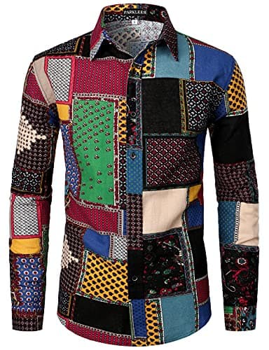 Image of PARKLEES Mens Retro Traditional Ethnic Pattern Printed Linen Long Sleeve Button Down Shirt Black Green L