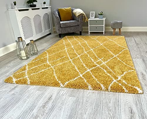 Image of NEW SUPER SOFT OCHRE MUSTARD CREAM MODERN SHAGGY AREA RUGS MOROCCAN SKETCH DESIGN THICK NON SHED 5CM PILE RUG (80X150CM)