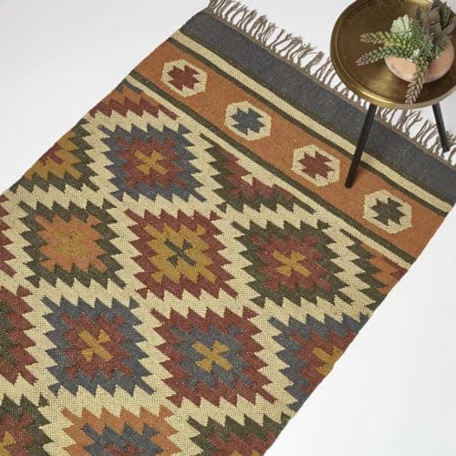 Image of HOMESCAPES Orange & Blue Handwoven Kilim Rug 90 x 150 cm Jute & Wool Living Room Area Rug ‘Lucea’ with Traditional Geometric Pattern & Tassels