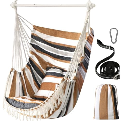 Image of Chihee Hammock Chair Hanging Swing Max 500 Lbs 2 Cushions Included Metal Spreader Bar with Anti-Slip Grooves Portable Hanging Chair Side Pocket Large Macrame Bohemian Chair Indoor Outdoor