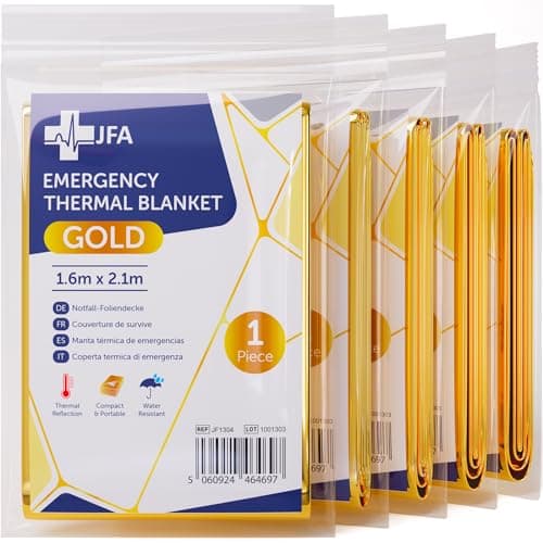 Image of JFA Medical 5 x Individually Packaged Gold Colour Medical First Aid Foil Survival Blankets for personal use - reflective to maintain body heat