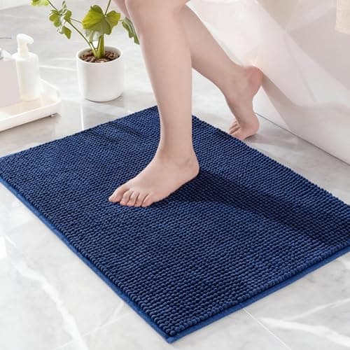 Image of Exclusivo Mezcla Chenille Bath Mat 40 x 60 cm, Extra Soft Non-Slip Absorbent Bathroom Rug, Machine Washable Quick Dry Bath Rugs for Bathroom Floor, Shower, Home Decor, Navy Blue