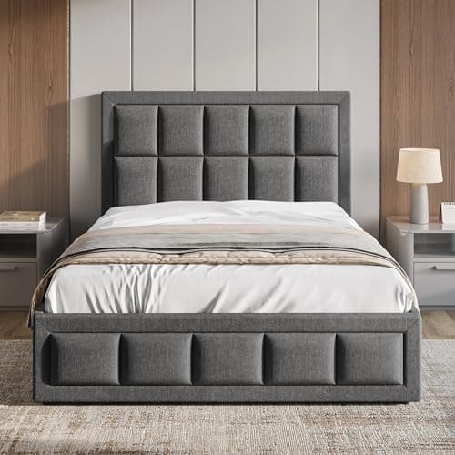 Image of Blisswood Ottoman Bed Frame, 4ft Small Double Upholstered Ottoman Bed, UKFR Linen Fabric Ottoman Storage Bed With Gas Lift End Opening Wooden Slats With Storage Bed (4ft Small Double, 130 x 204 cm)