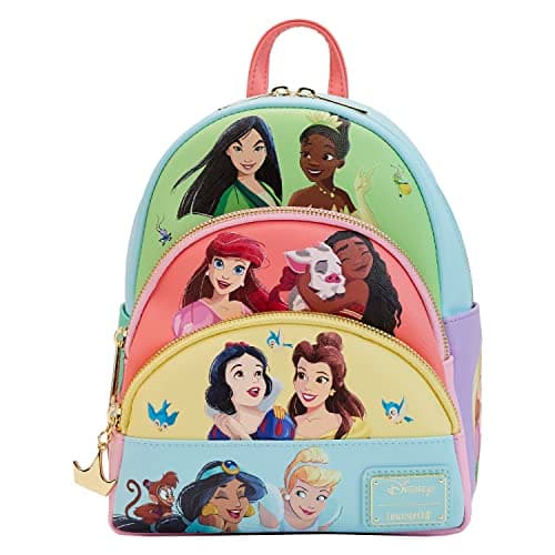 Image of Loungefly Disney Triple Pocket Mini Backpack Princess Collage Official Mini Backpack, Blue
