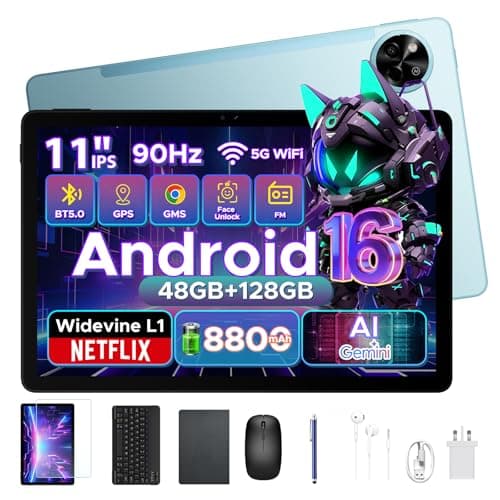Image of POPUX P11 11 Inch Tablet, Android 16 Tablet with Gemini AI, 48GB RAM+128GB ROM/TF 2TB, Octa Core T7250, 90Hz Display 8800mAh Tablets with Keyboard, Pen, 13MP+5MP, 3.5mm Headphone, 5G WIFI, OTG, Blue