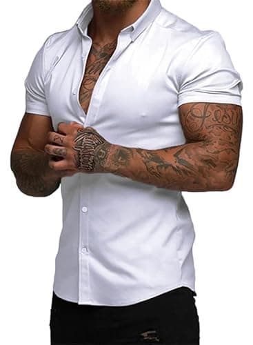 Image of Elegancity Mens Shirts Short Sleeve Smart Casual Summer Beach Shirts Slim Muscle Fit Button Down Formal Dress Shirt White, XXL