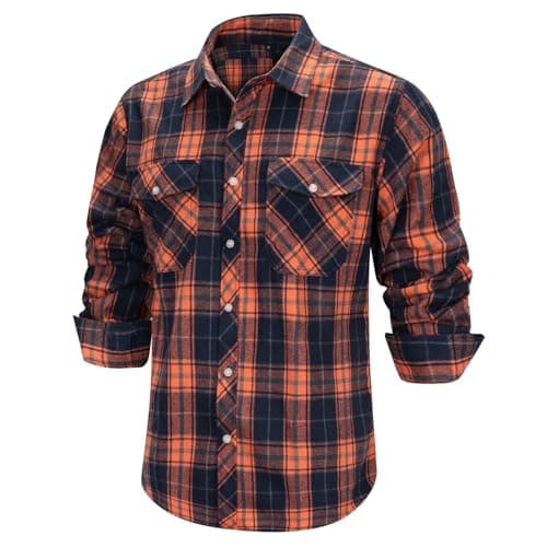 Image of Wirltte Mens Shirts Long Sleeve Casual Flannel Checked Plaid Shirt Regular Fit Button Down Shirts with Pockets Orange L