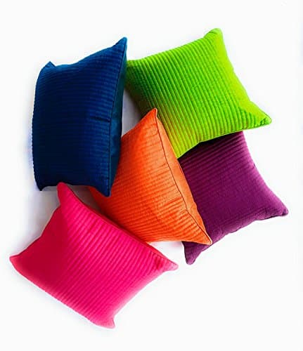 Image of CIDIZY Striped Quilted Silk Cushion Covers, 12x12 Inch, Multicolour, Set of 5