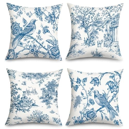 Image of Joymaison Spring Vintage French Country Floral Bird Cushion Covers 45 x 45 Pack of 4 Rustic Blue Chinoiserie Flowers Square Throw Pillow Case Decorative Sofa Cushion with Invisible Zipper