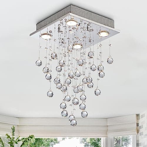 Image of BESTIER Modern Crystal Raindrop Chandelier Lighting Flush Mount LED Ceiling Light Fixture Pendant Lamp for Dining Room Bathroom Bedroom Livingroom 4 GU10 LED Bulbs Required Width 35 cm Height 50 cm
