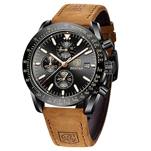 Image of BENYAR Men's Watches Waterproof Chronograph Luminous Classic Watches Stainless Steel Strap Large Dial Date Analogue and Anti-Scratch Elegant Gift, Black, Strap