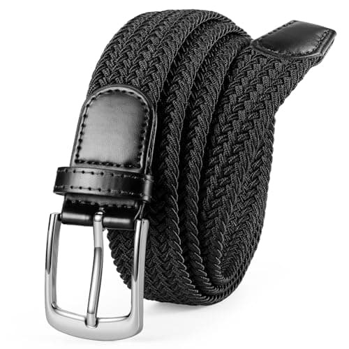 Image of VONMELLI Mens Elastic Woven Golf Belt Casual Stretch Braided Web Belt 1 3/8" Gift for Golf Pants Shorts Jeans Black-silver Buckle Fit Waist 35"-38"