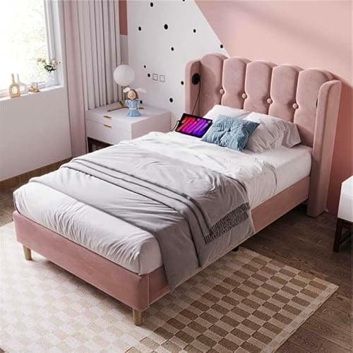 Image of BTM Upholstered Single Bed with USB and Type-C Charging, 3ft-90x190cm Single Bed Frame with Wooden Slatted Frame for Teenagers and Kids, Pink Velvet(No Mattress)