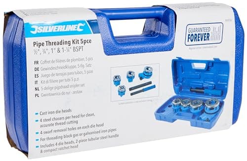 Image of Silverline Pipe Threading Kit – 5 Piece Set, 1/2”, 3/4”, 1” & 1-1/4” BSPT Thread Sizes, Plumbing Tool for Thread Cutting (868556)